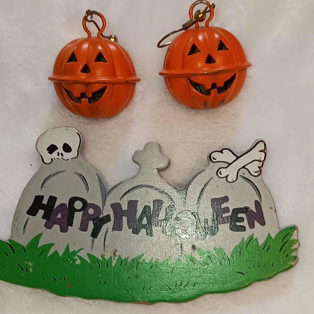 Halloween Pumpkin Earrings & Pin